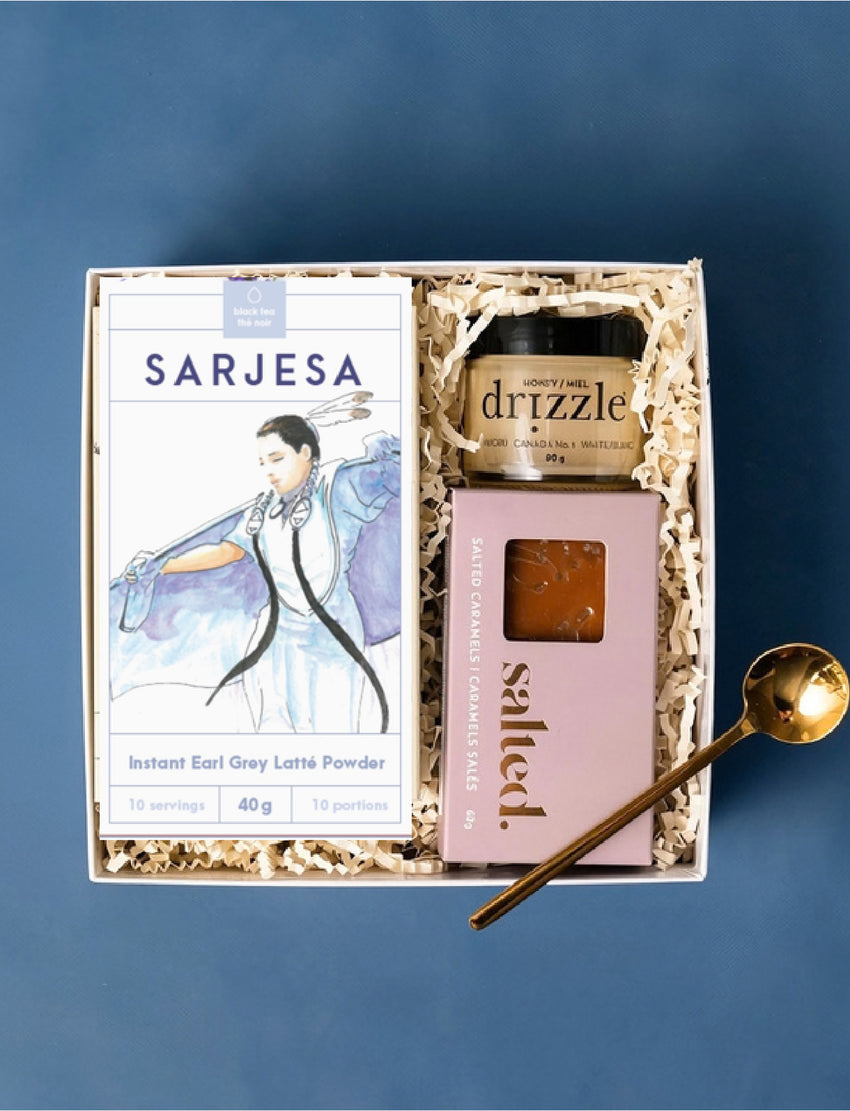 Rest & Refuel gift box with Sarjesa Earl Grey latte, Drizzle honey, Salted caramels and a golden spoon.