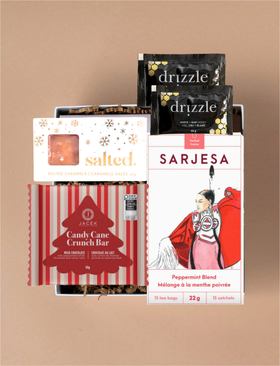 The Albertan gift selection with Sarjesa peppermint tea, Drizzle honey, JACEK Candy Cane Crunch chocolate and Salted caramels.