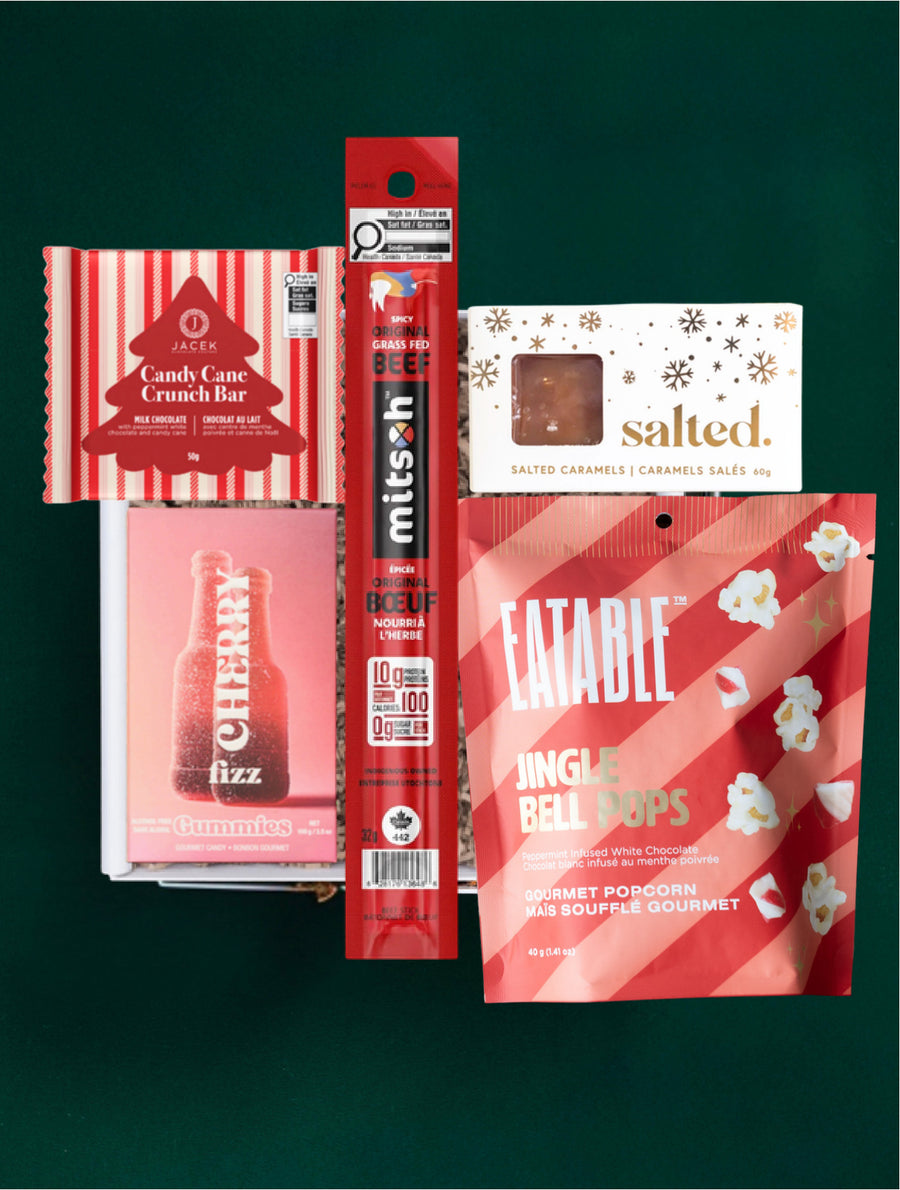 Tis the Season gift selection with JACEK candy cane chocolate, Salted caramels, Vesper Candy gummies, Eatable popcorn and Mitsoh jerky.