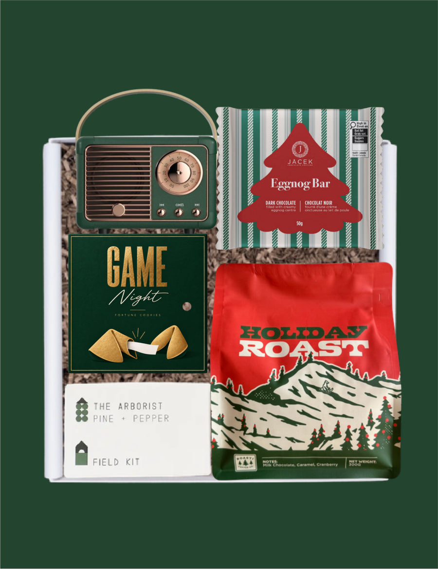 The Holiday gift selection with Roasti coffee, a retro radio, JACEK Eggnog Bar, fortune cookies and a Field Kit candle.