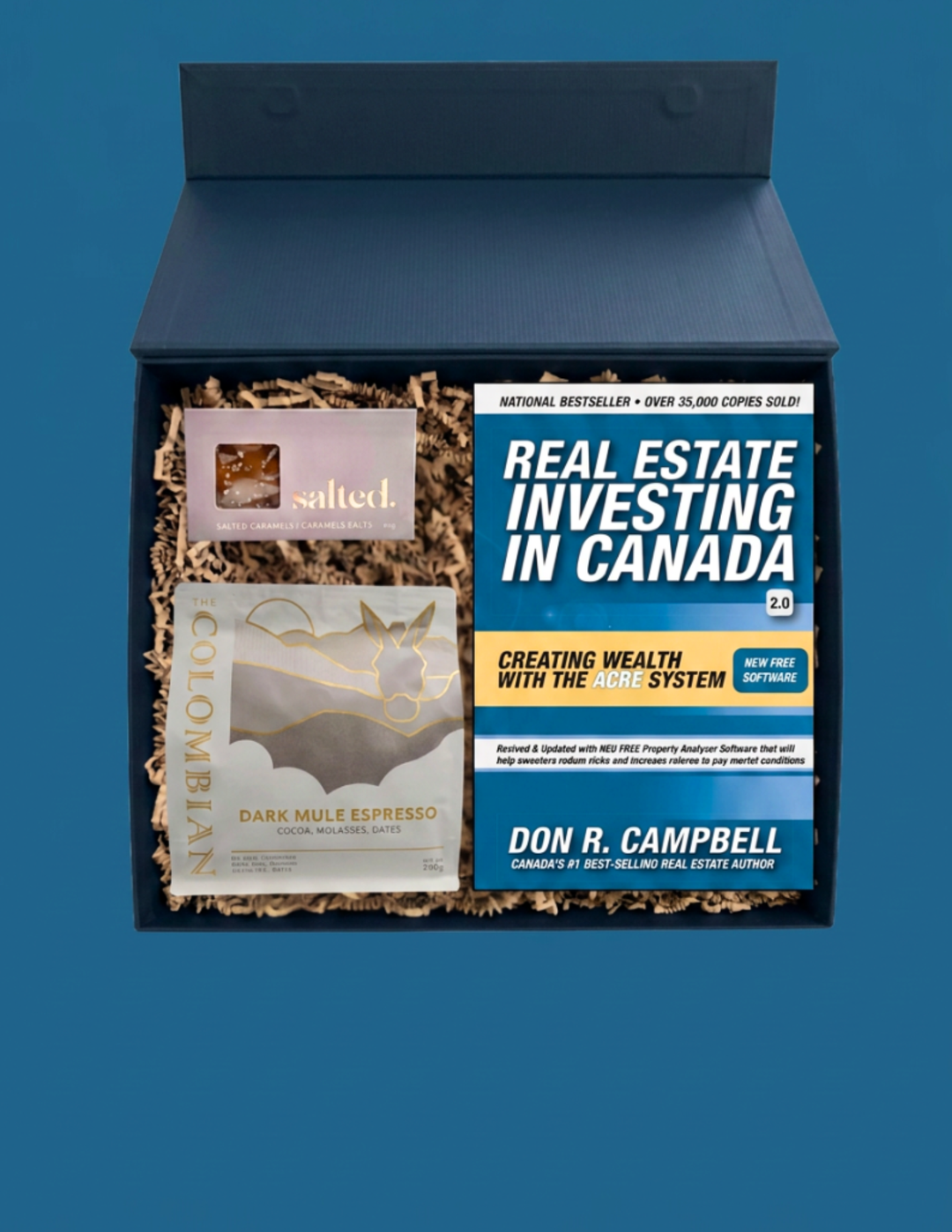 Investor Gift photo showing a real estate investing book, coffee, a mug and Salted caramels in an open gift box.