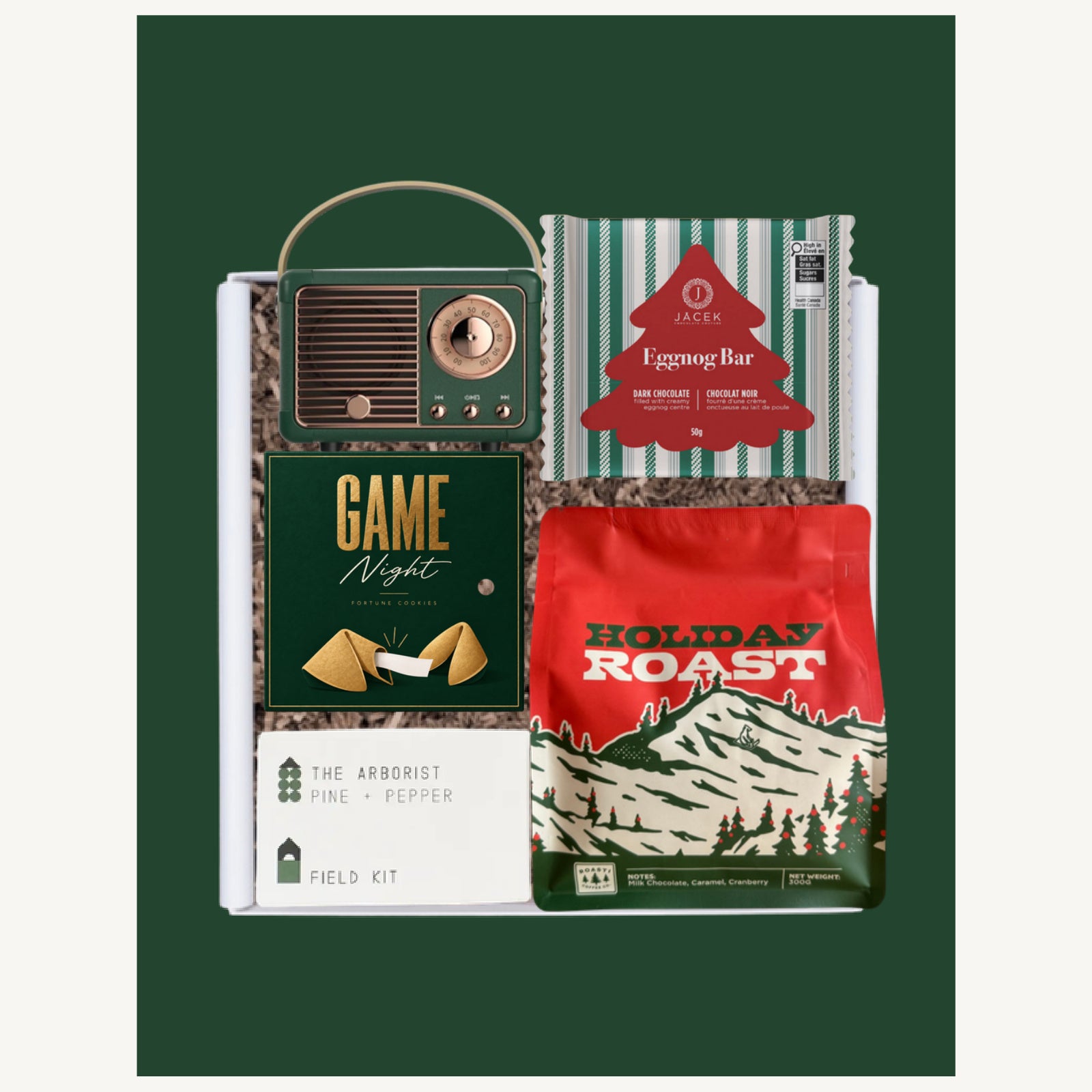 The Holiday gift selection with Roasti coffee, a retro radio, JACEK Eggnog Bar, fortune cookies and a Field Kit candle.