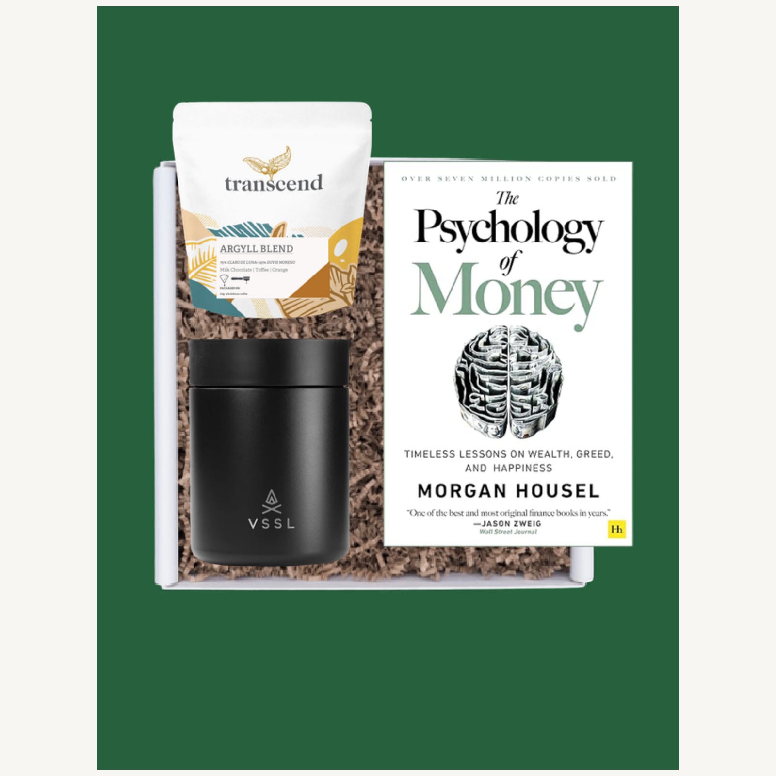 The Growth gift selection with Transcend Argyll coffee, a black VSSL travel mug and The Psychology of Money by Morgan Housel.