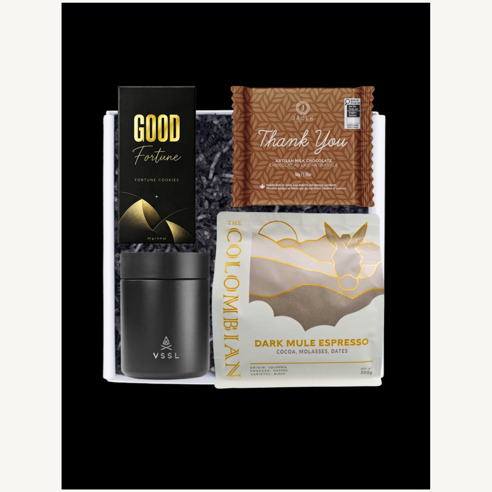 Good Fortune gift selection with fortune cookies, a VSSL travel mug, espresso and a JACEK Thank You chocolate bar.