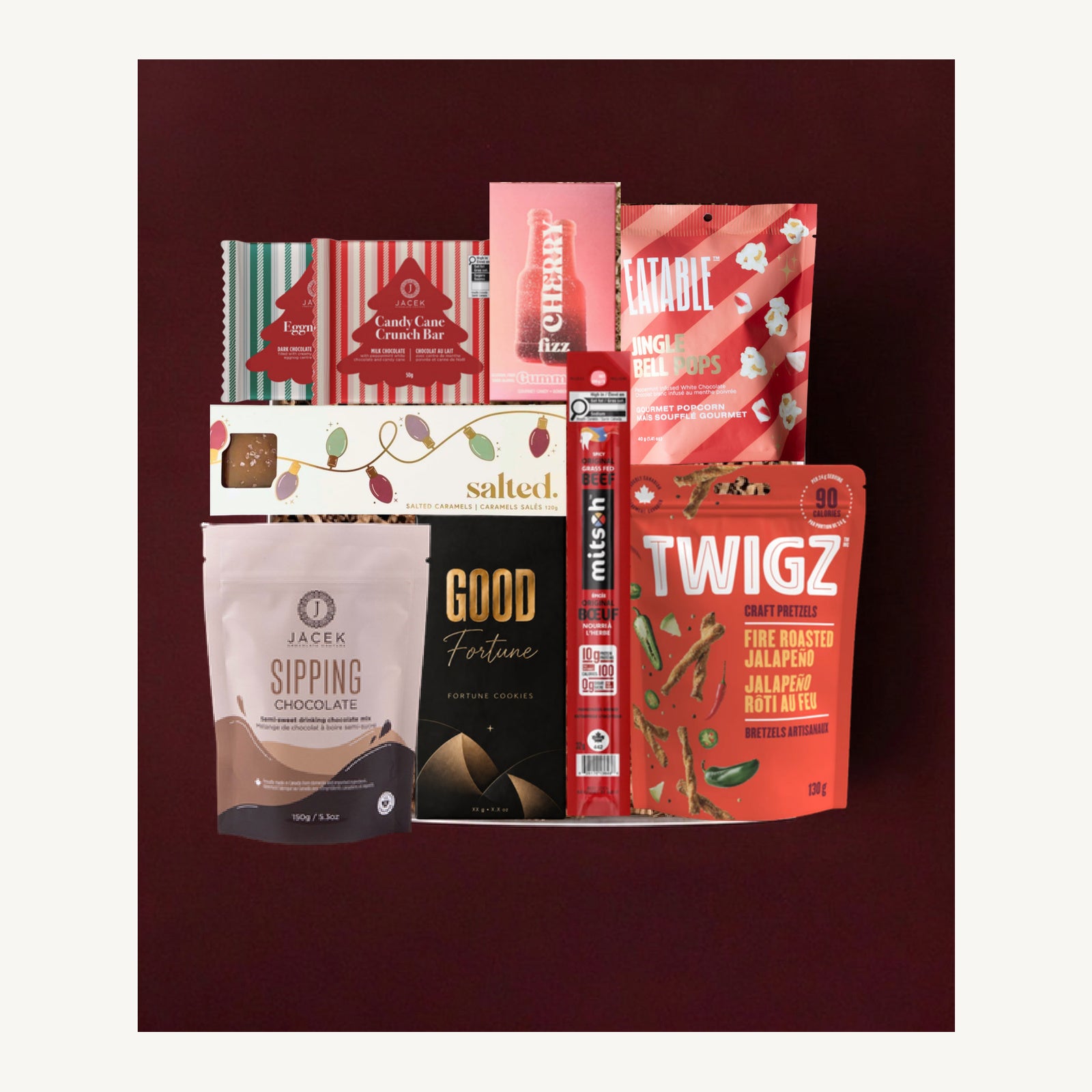 The Holiday Foodie gift selection with JACEK chocolate, Vesper Candy gummies, Salted caramels, popcorn, pretzels and jerky.