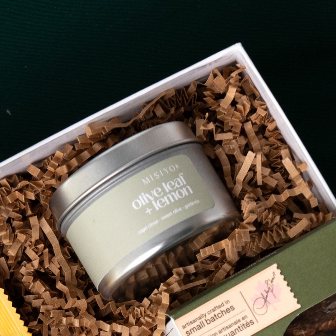 Misiyo Olive Leaf + Lemon candle in The New Home housewarming gift box.