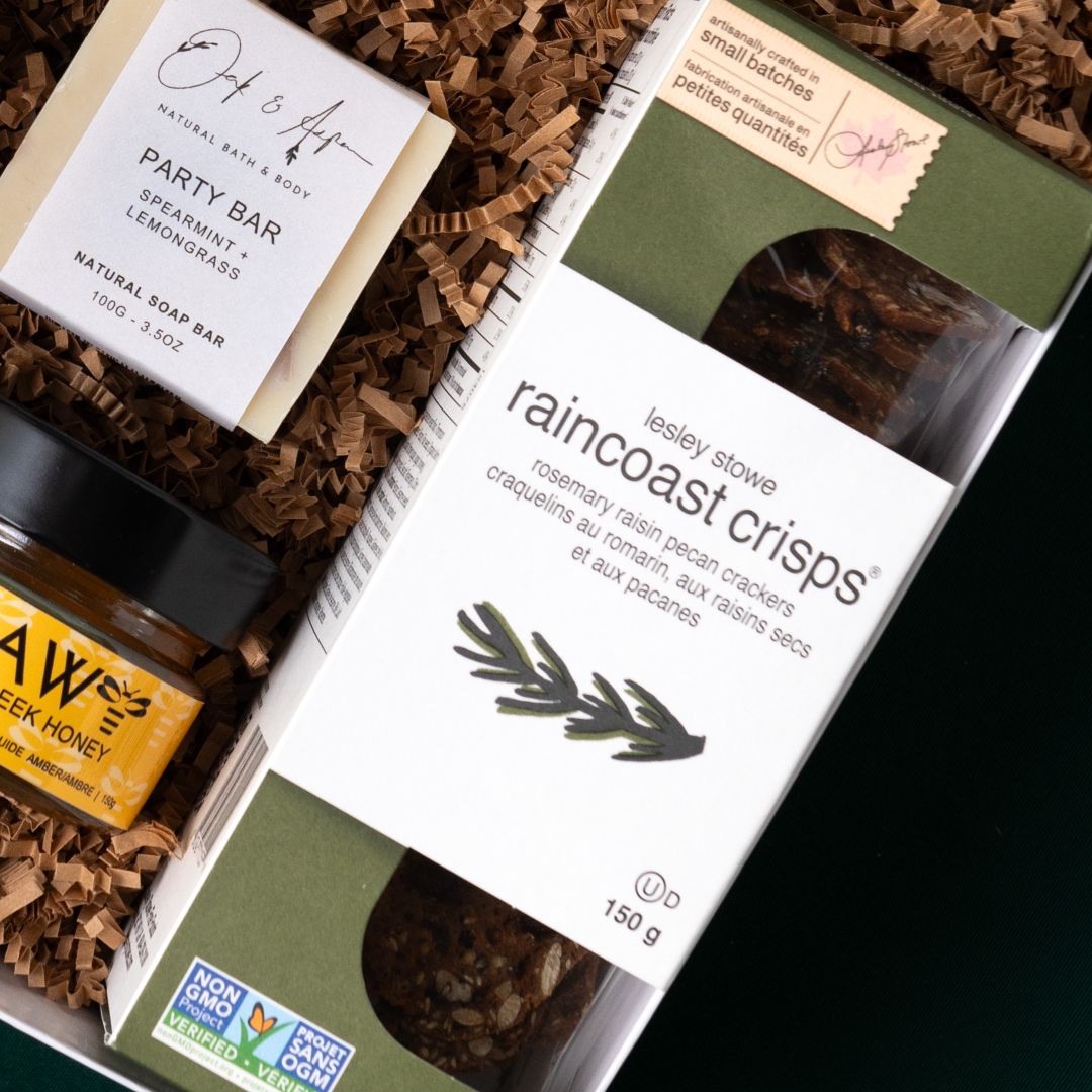 Raincoast Crisps beside Oak & Aspen soap and a Misiyo candle.