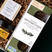 Raincoast Crisps beside Oak & Aspen soap and a Misiyo candle.