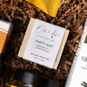 Close-up of an Oak & Aspen natural soap bar in The New Home gift.